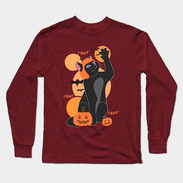 HALLOWEEN PUMPKIN BLACK CAT Long Sleeve T-Shirt by ulricartistic